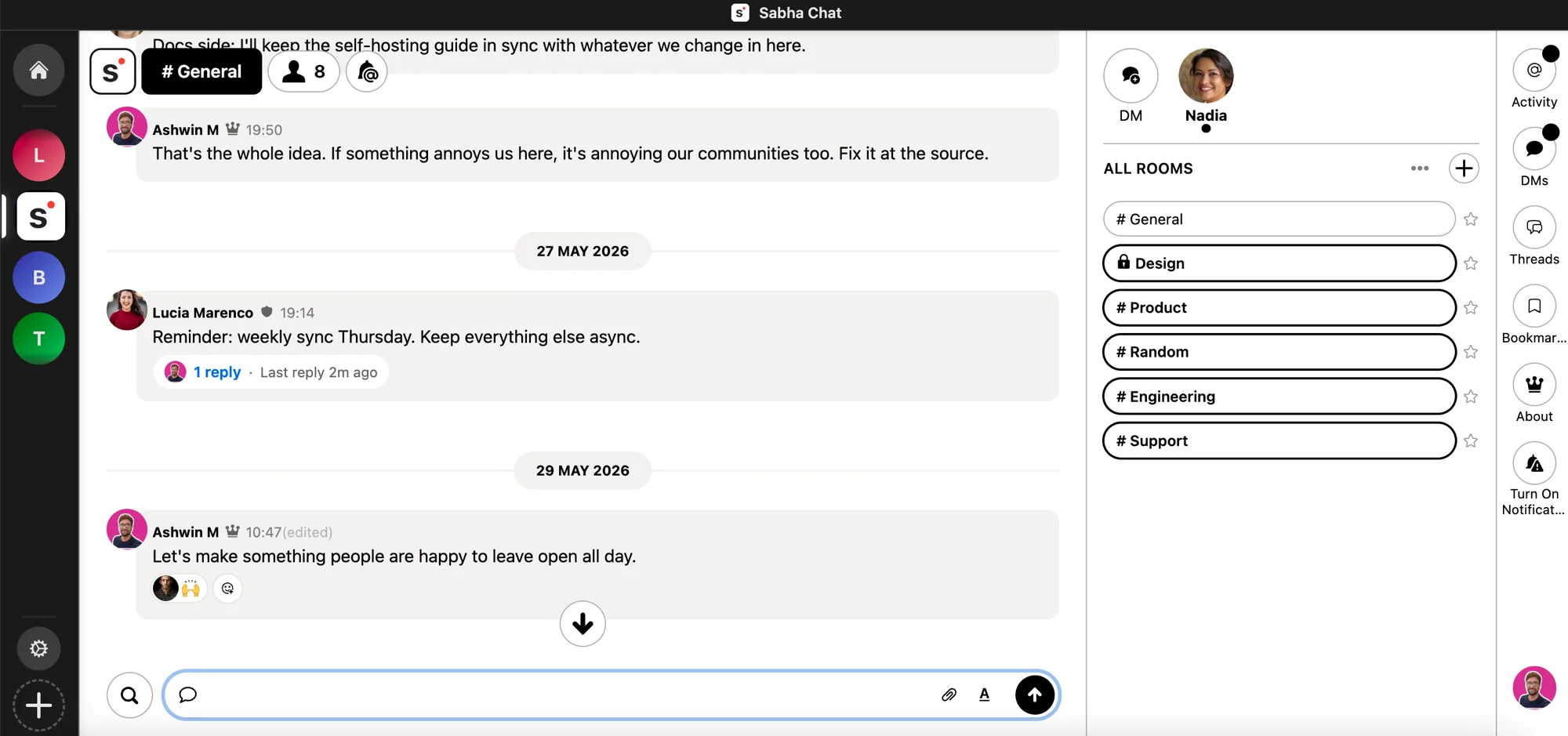 Sabha app: rooms, threads, and community chat